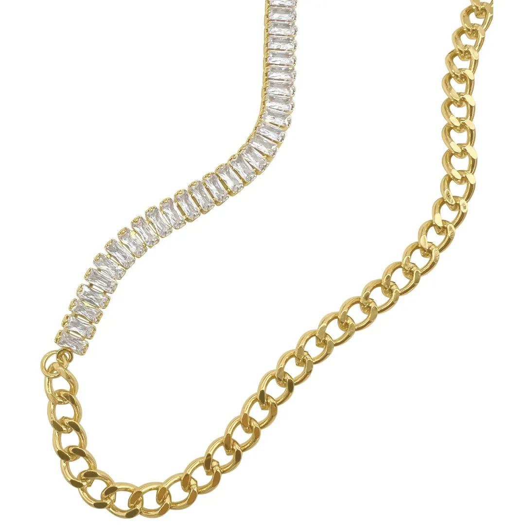 14k Gold Plated Mix Curb Chain and Baguette Tennis Necklace