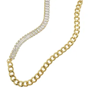 14k Gold Plated Mix Curb Chain and Baguette Tennis Necklace