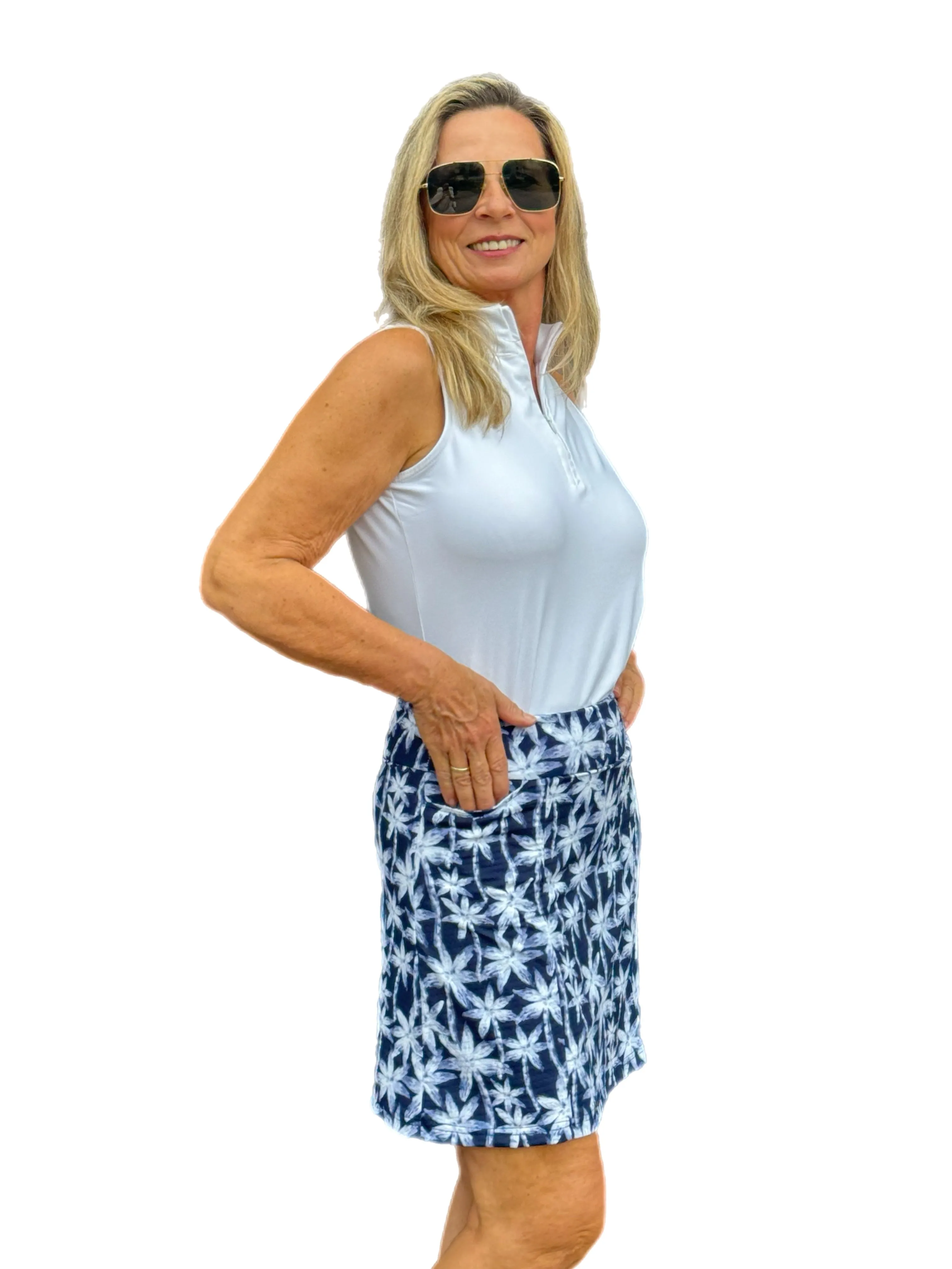 17" Pull-on Skort with UPF50  Navy Palm Trees