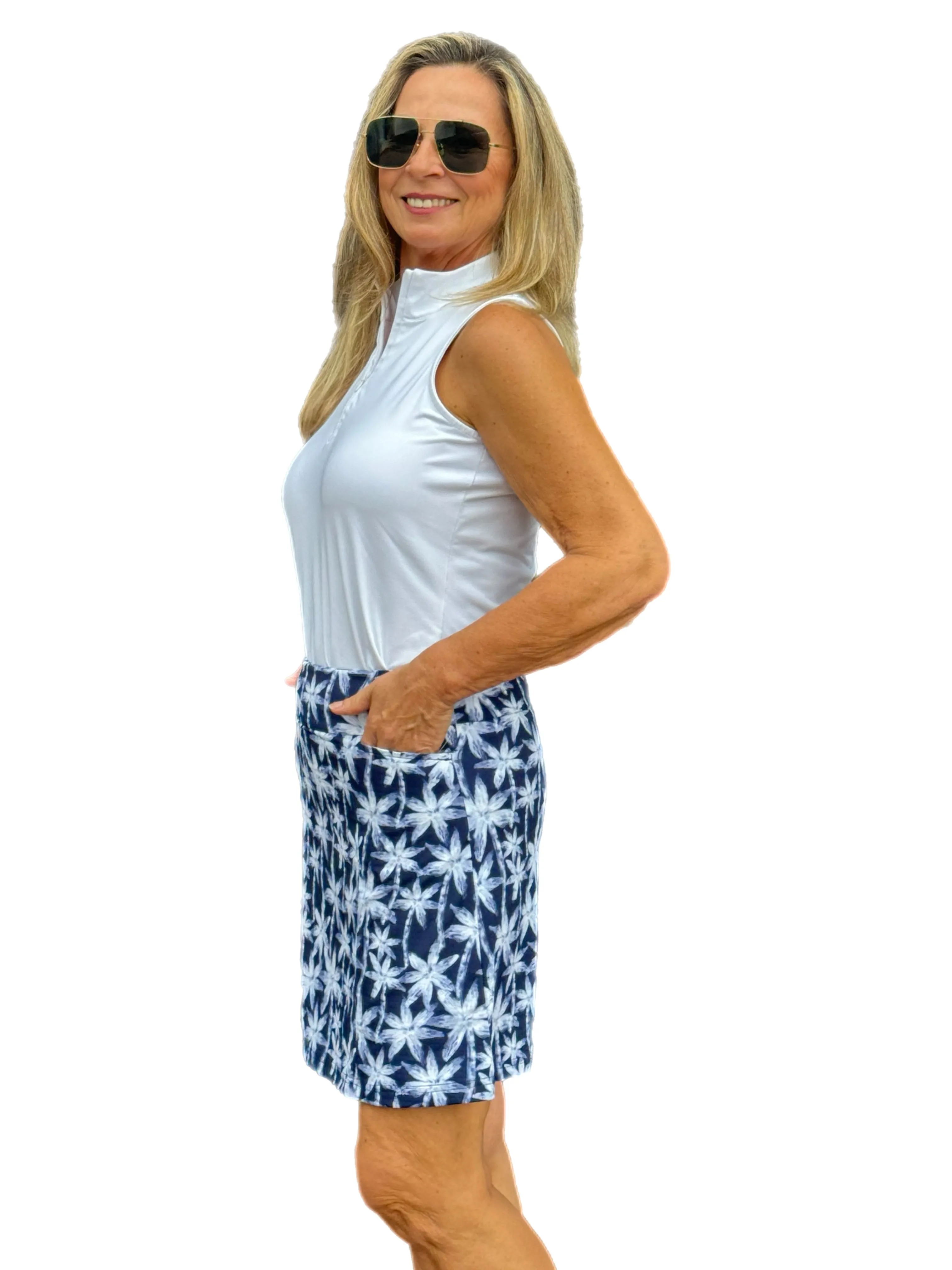 17" Pull-on Skort with UPF50  Navy Palm Trees