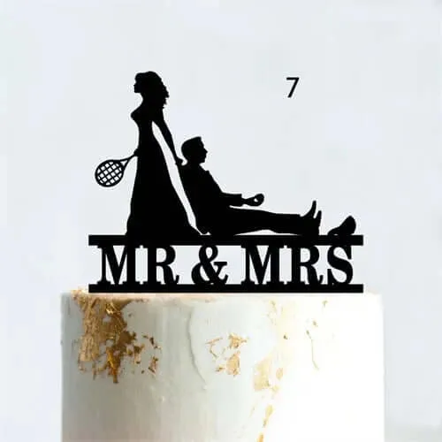 Acrylic Tennis Wedding Birthday Cake Topper Mr. and Mrs.