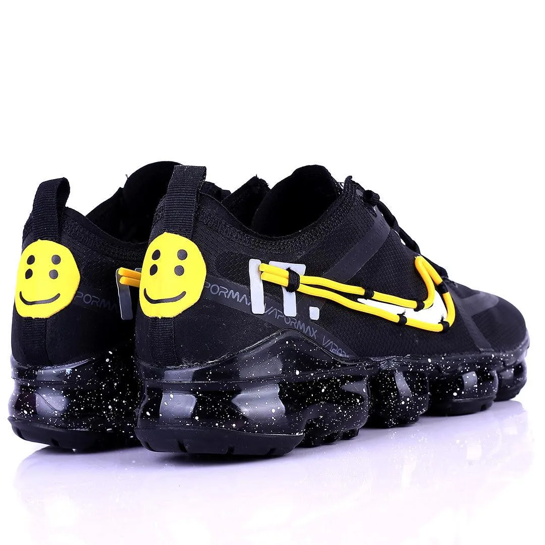 AD Black Sneakers With Yellow Smiley And Logo Design Tuned Pressure Sole