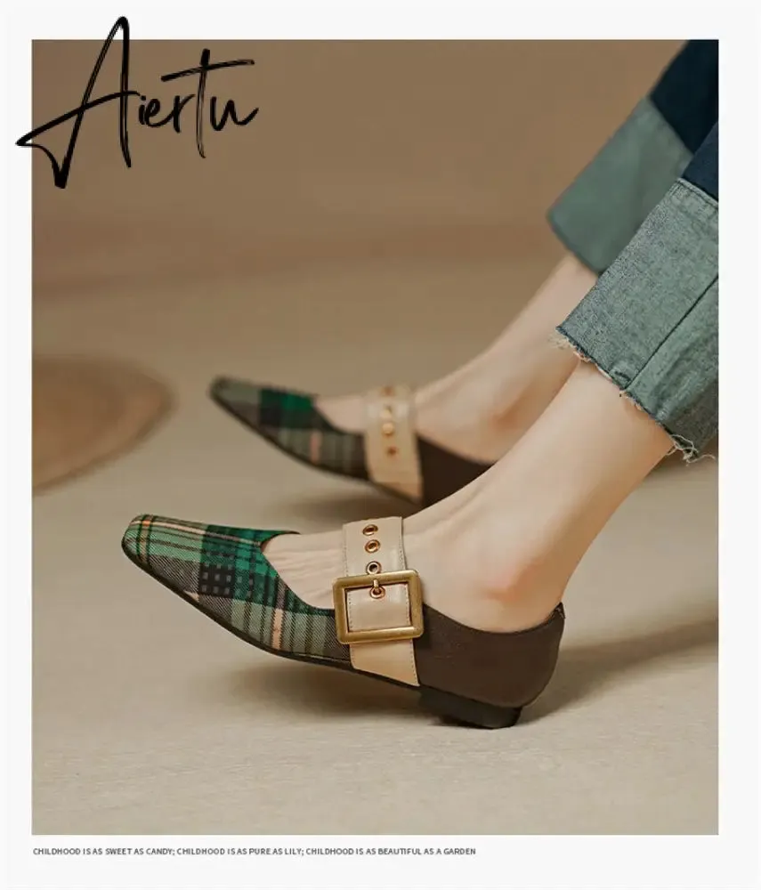 Aiertu New Popular Plaid Comfortable Mary Janes Shoes Fashion Square Toe Buckle Strap Ladies Shoes Spring/Autumn Pumps Women Shoes