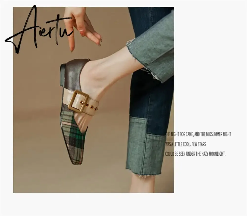 Aiertu New Popular Plaid Comfortable Mary Janes Shoes Fashion Square Toe Buckle Strap Ladies Shoes Spring/Autumn Pumps Women Shoes