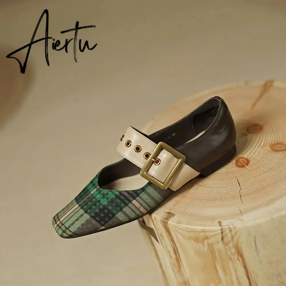 Aiertu New Popular Plaid Comfortable Mary Janes Shoes Fashion Square Toe Buckle Strap Ladies Shoes Spring/Autumn Pumps Women Shoes