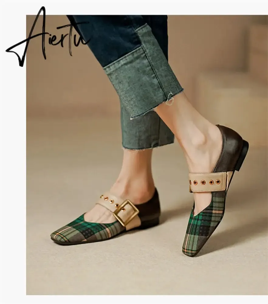 Aiertu New Popular Plaid Comfortable Mary Janes Shoes Fashion Square Toe Buckle Strap Ladies Shoes Spring/Autumn Pumps Women Shoes