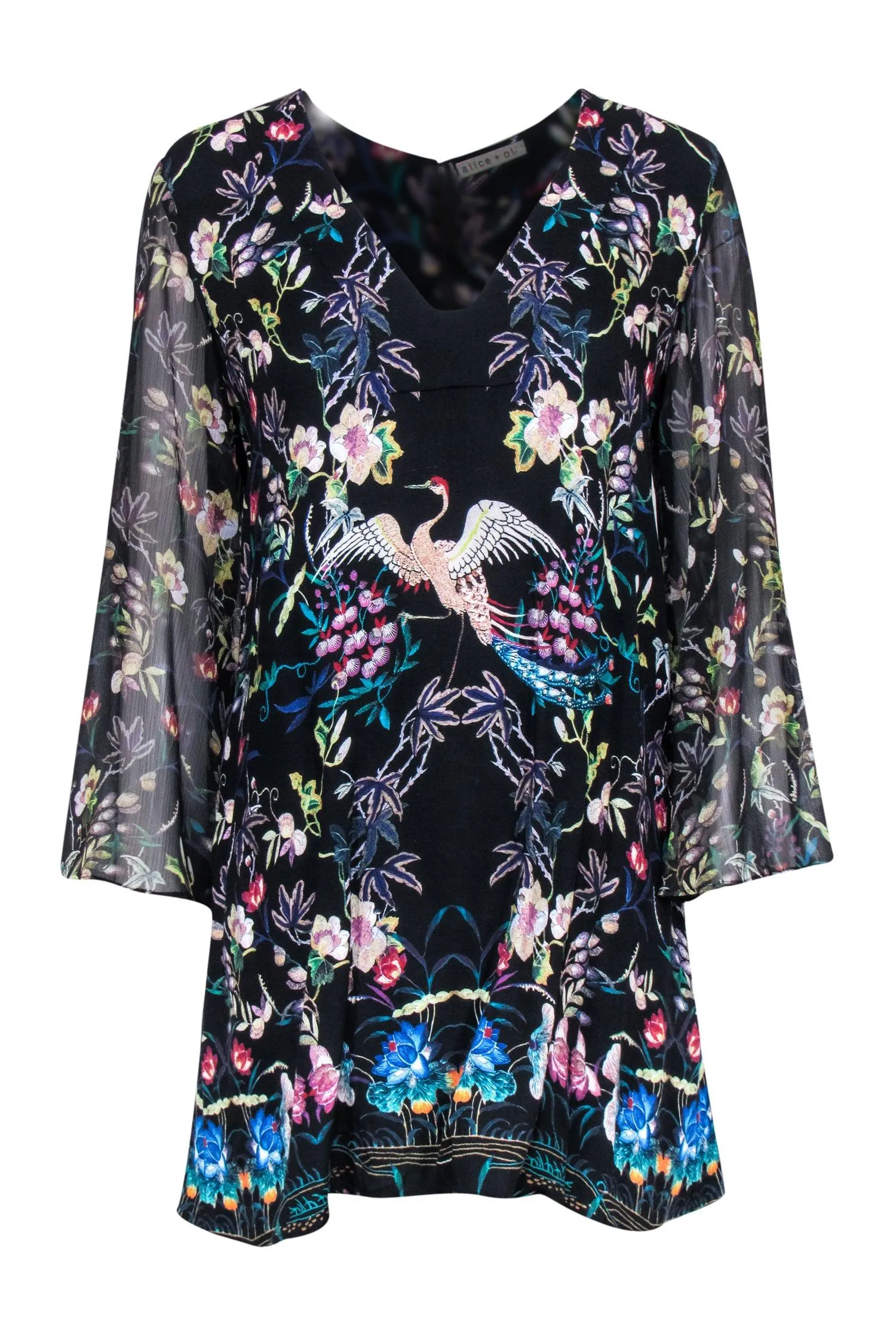 Alice & Olivia - Black, Teal & Purple Floral Print w/ Sheer Sleeves Sz S