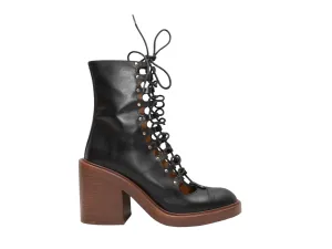 Black Chloe Leather Lace-Up May Ankle Boots Size 38