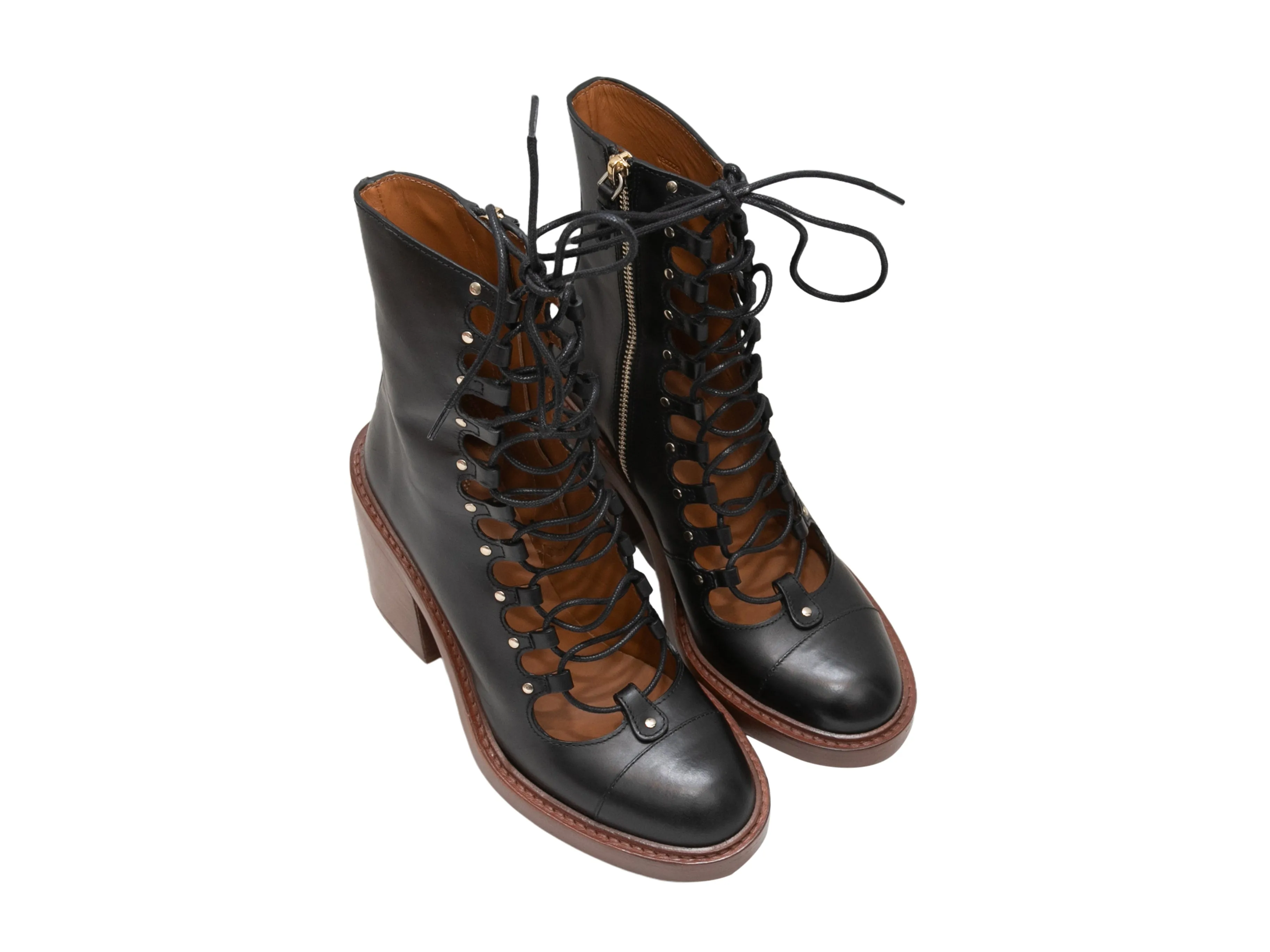 Black Chloe Leather Lace-Up May Ankle Boots Size 38