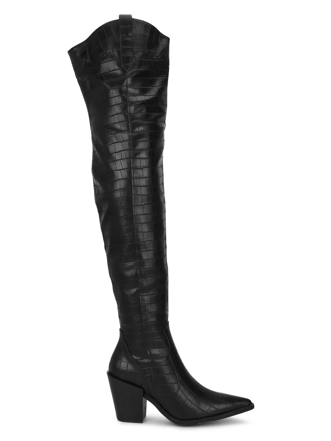 Black Croc Pu High Thigh Block Heel Boots