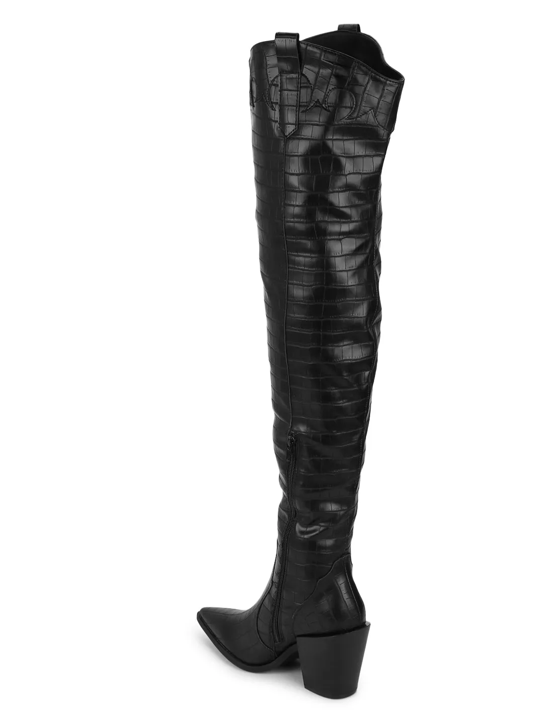 Black Croc Pu High Thigh Block Heel Boots