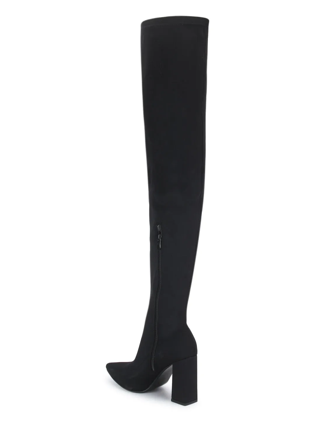 Black Lycra Pointed Toe Block Heel Long Boots