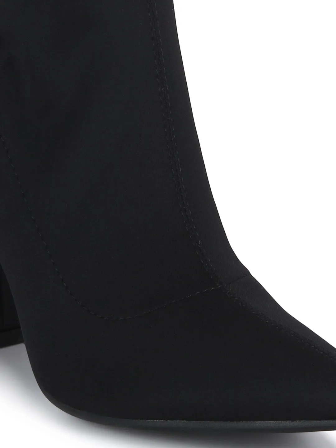 Black Lycra Pointed Toe Block Heel Long Boots