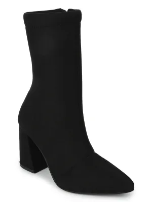 Black Lycra Pointed Toe Sock Mid Calf Boots