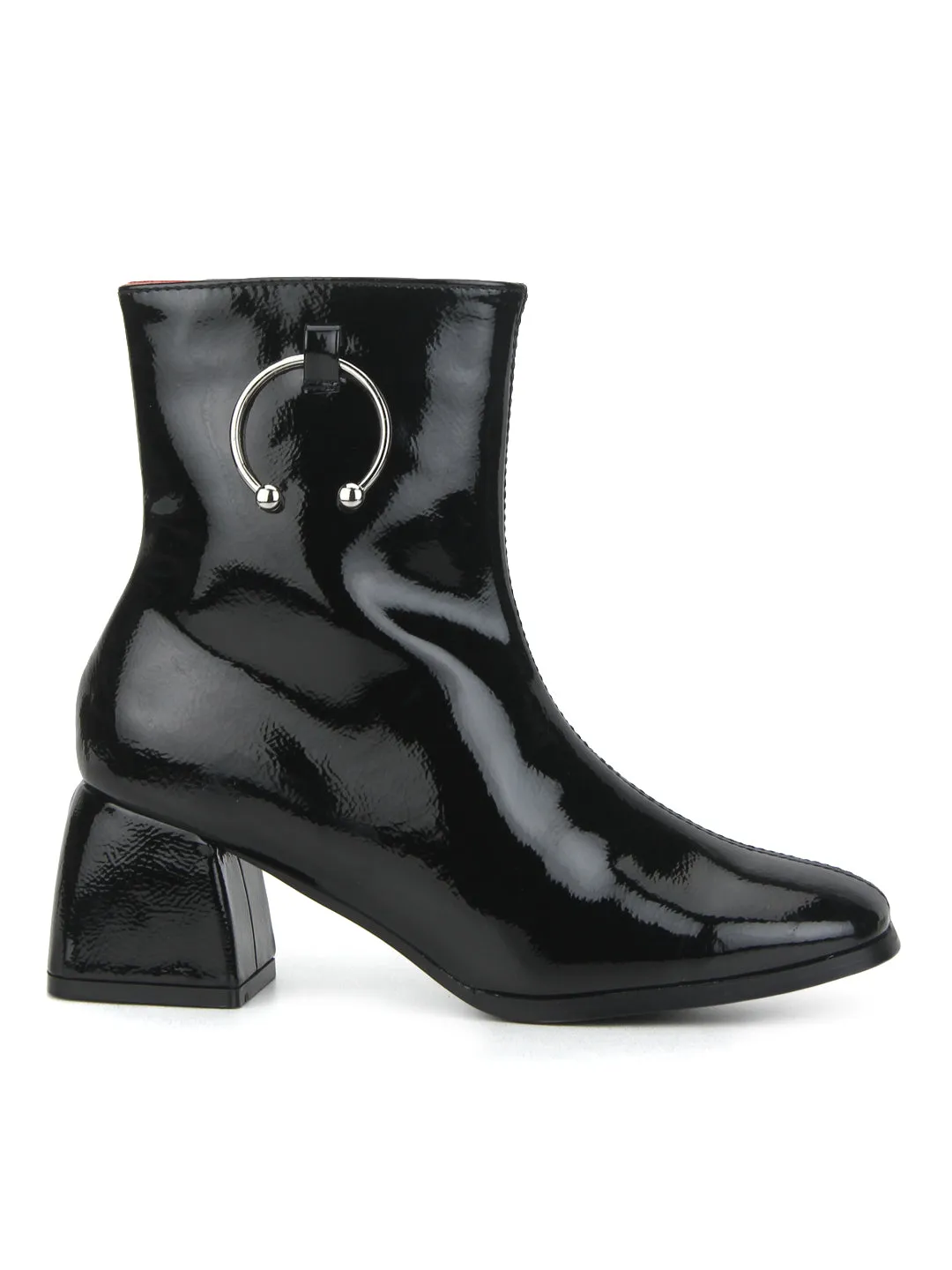 Black Patent Round Buckle Block Heel Ankle Boots