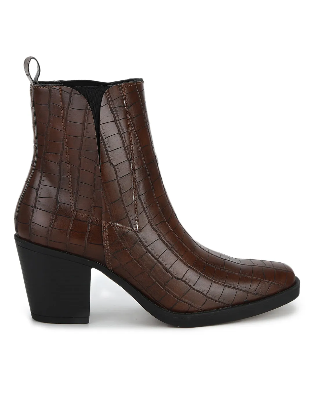 Brown Croc Low Block Heel Ankle Boots