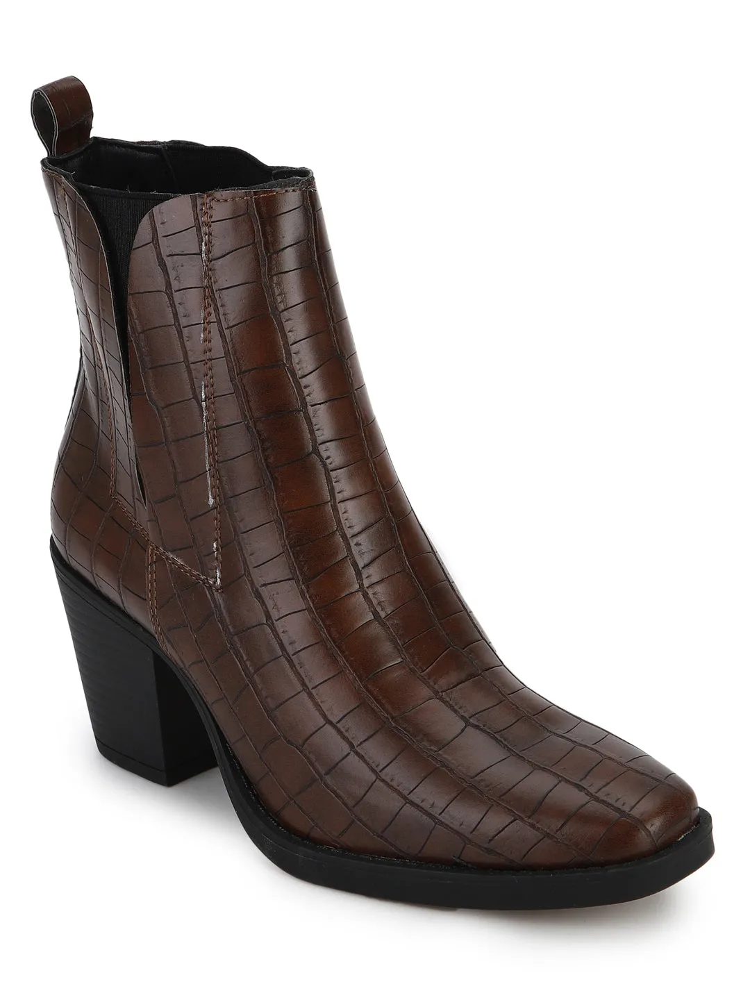 Brown Croc Low Block Heel Ankle Boots