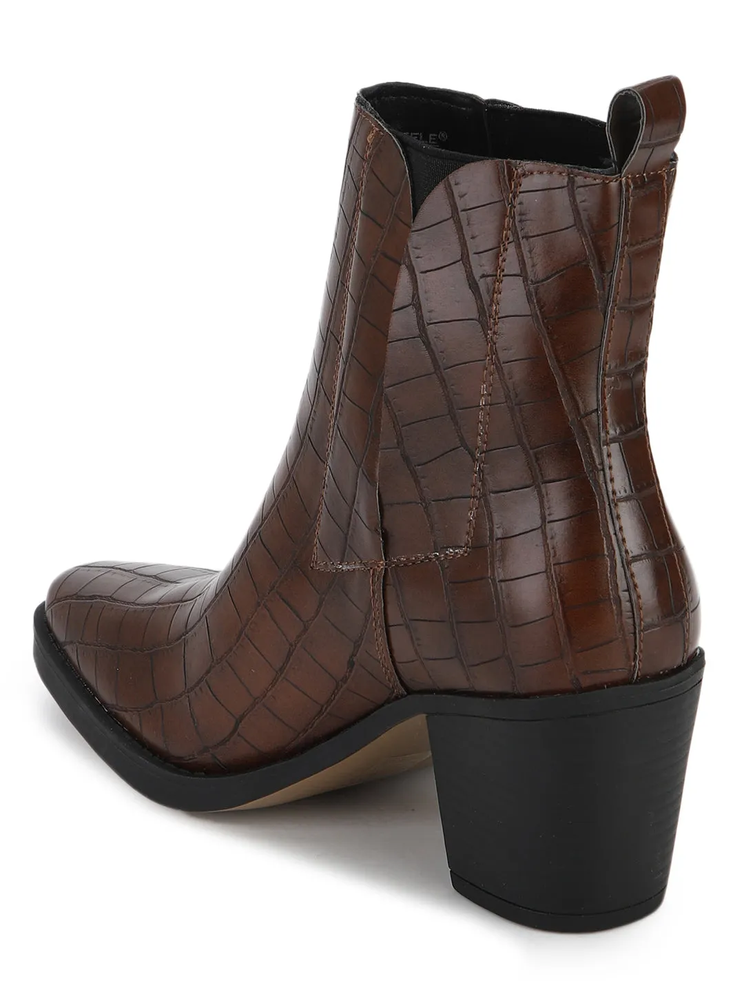 Brown Croc Low Block Heel Ankle Boots