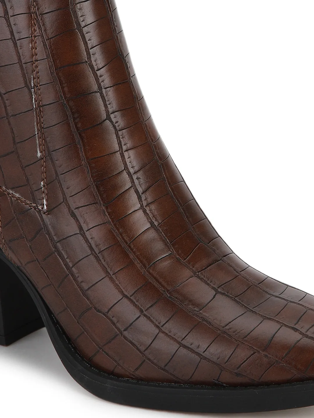 Brown Croc Low Block Heel Ankle Boots