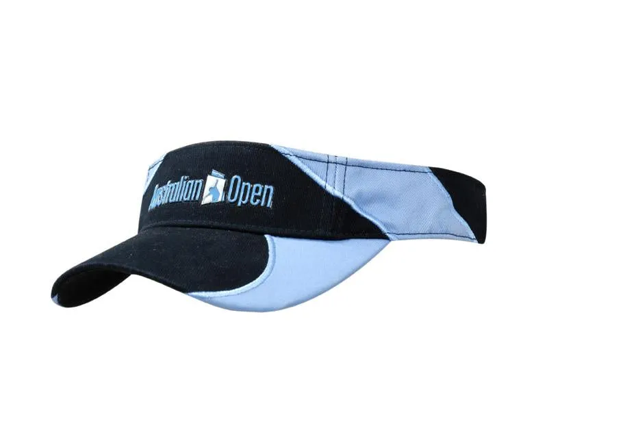 BRUSHED HEAVY COTTON VISOR WITH FABRIC INSERTS/EMBROIDERY ON PEAK & CROWN