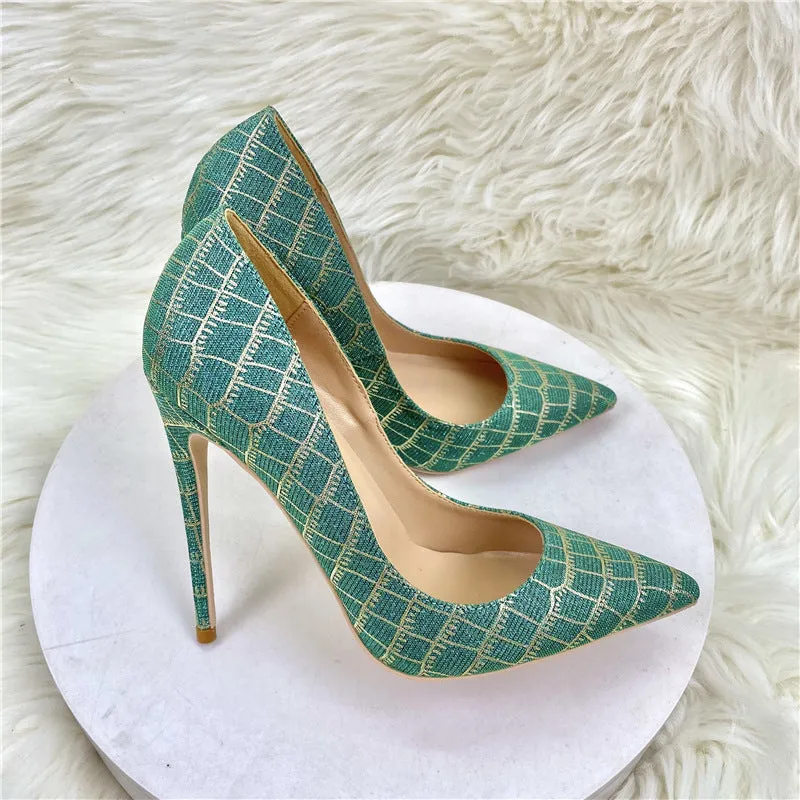 Chic Pointed-toe Stiletto Blue Plaid Sequin High Heels Shoes