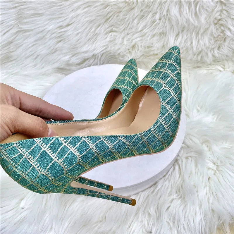 Chic Pointed-toe Stiletto Blue Plaid Sequin High Heels Shoes