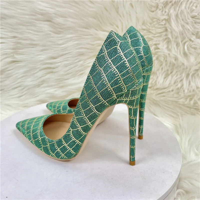 Chic Pointed-toe Stiletto Blue Plaid Sequin High Heels Shoes