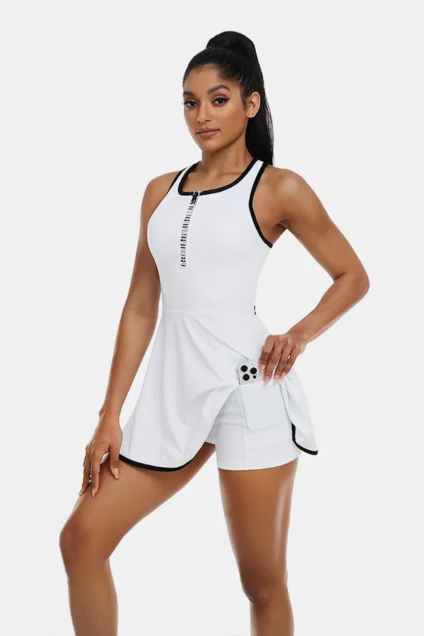 Clearance | White Tennis Dress Workout Dress with Shorts and Built-in Bra Sleeveless Athletic Racerback Golf Dress