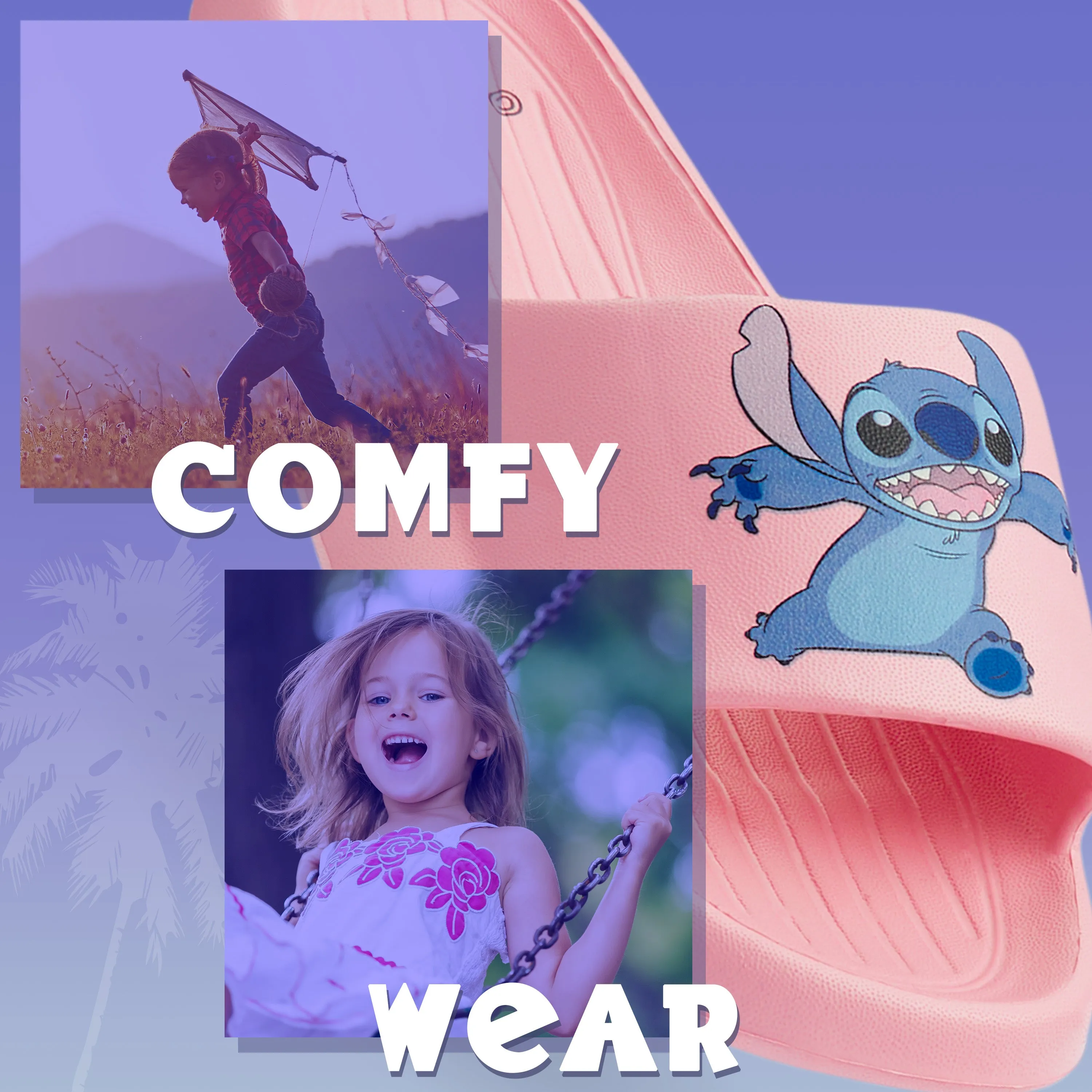 Disney Stitch Girls Sliders, Beach or Pool Shoes for Kids - Pink Stitch & Angel