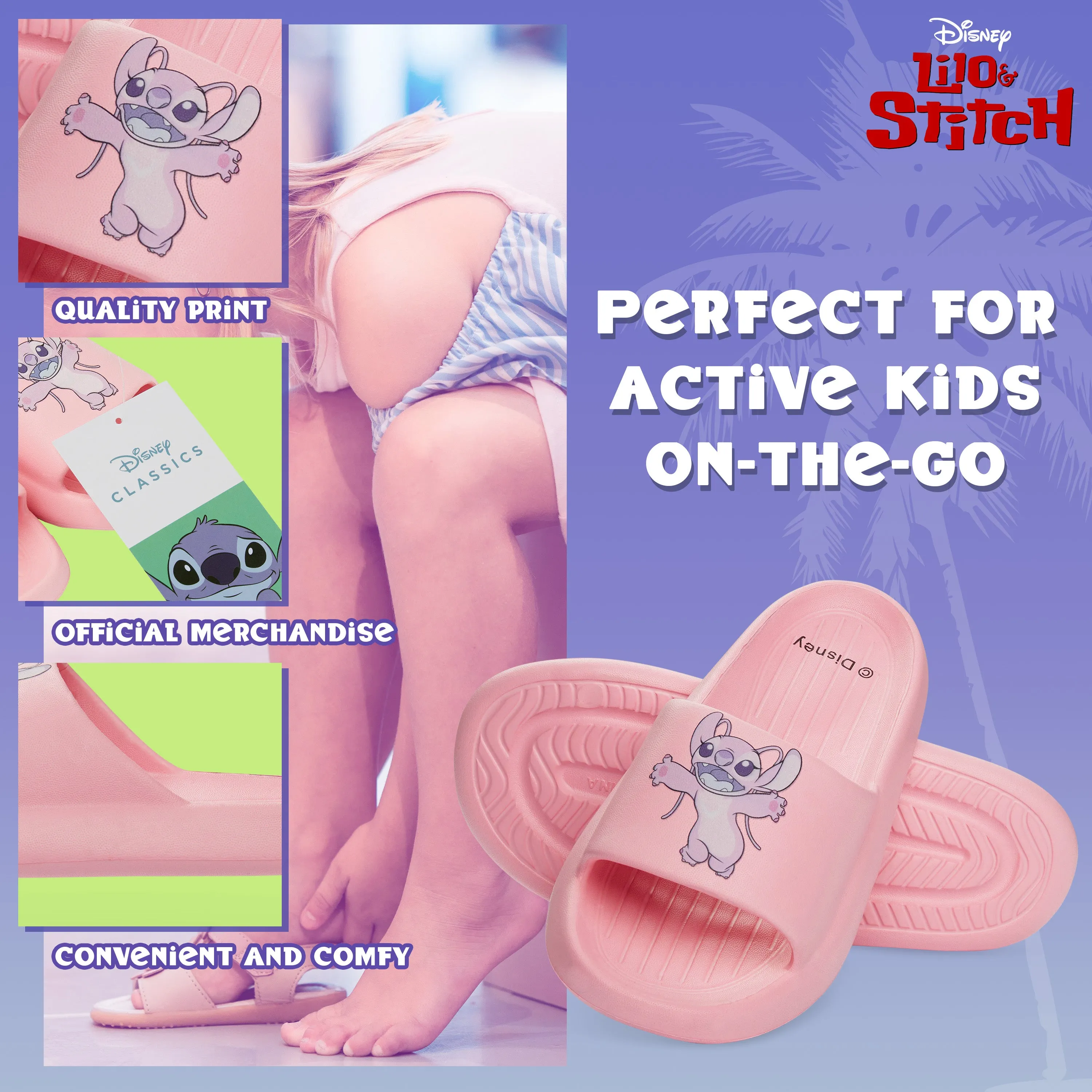 Disney Stitch Girls Sliders, Beach or Pool Shoes for Kids - Pink Stitch & Angel