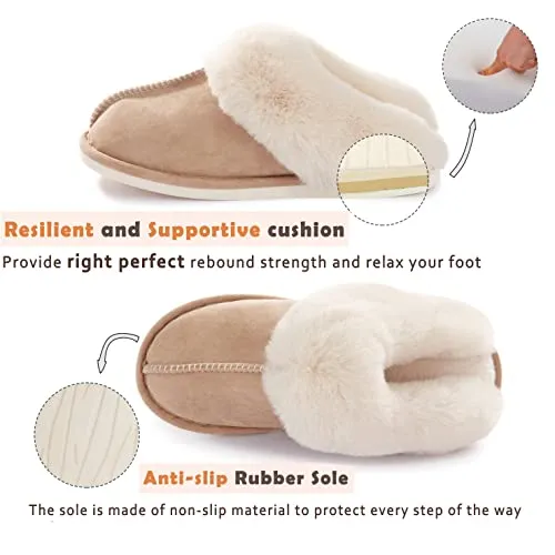 Donpapa Womens Slipper Memory Foam Fluffy Soft Warm Slip On House Slippers,Anti-Skid Cozy Plush for Indoor Outdoor Tan 7-8