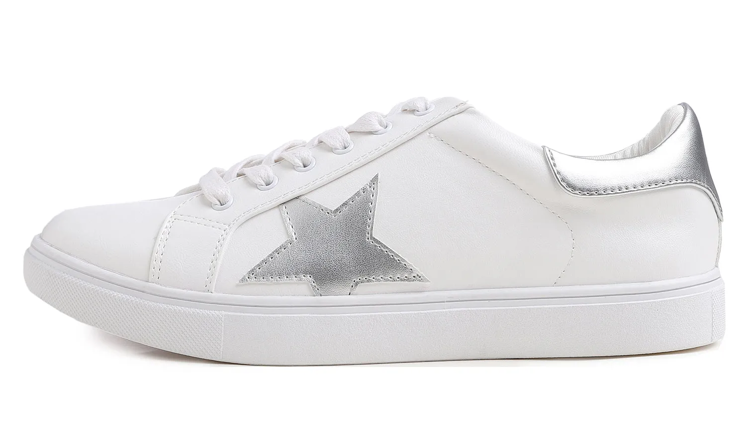 Feversole Women's Featured PU Leather White Lace Up Sneaker Silver Star