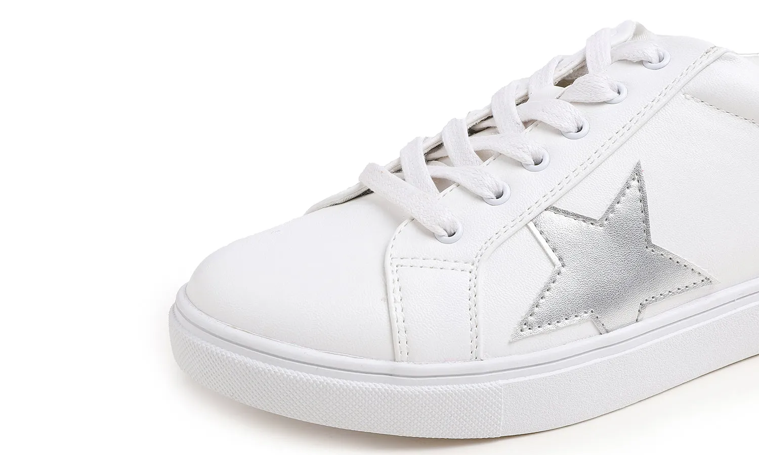 Feversole Women's Featured PU Leather White Lace Up Sneaker Silver Star