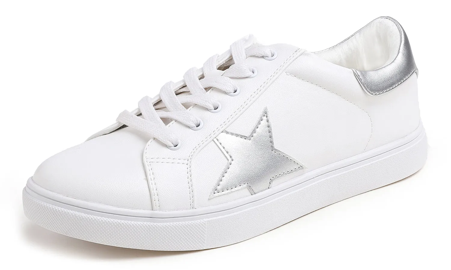 Feversole Women's Featured PU Leather White Lace Up Sneaker Silver Star