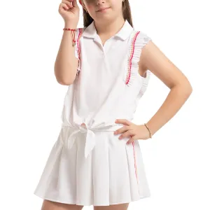 Girl's Classic Stripes Tie Tennis Polo White