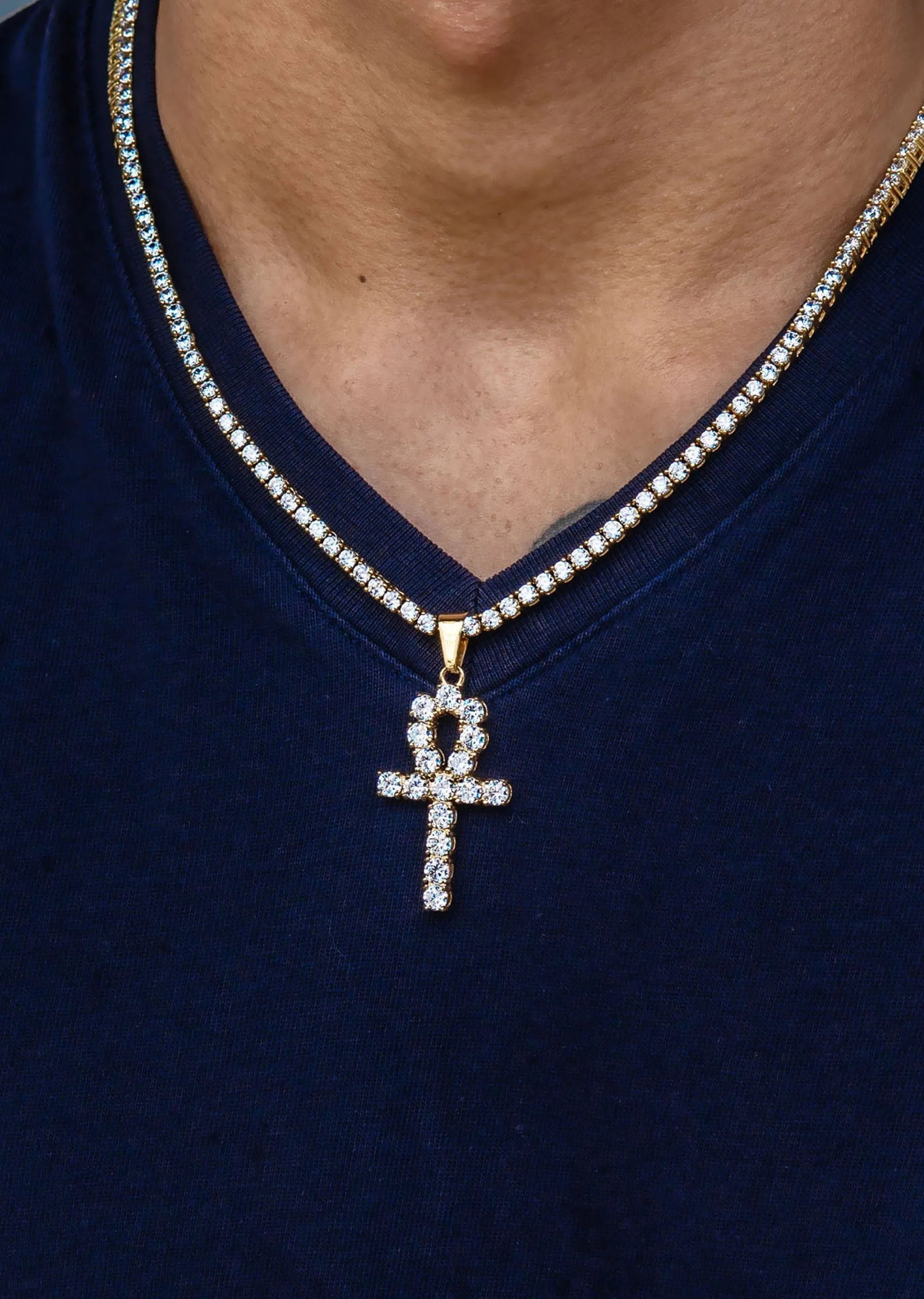 Gold Plated Iced Out Ankh & Tennis Chain ( 3 MM )