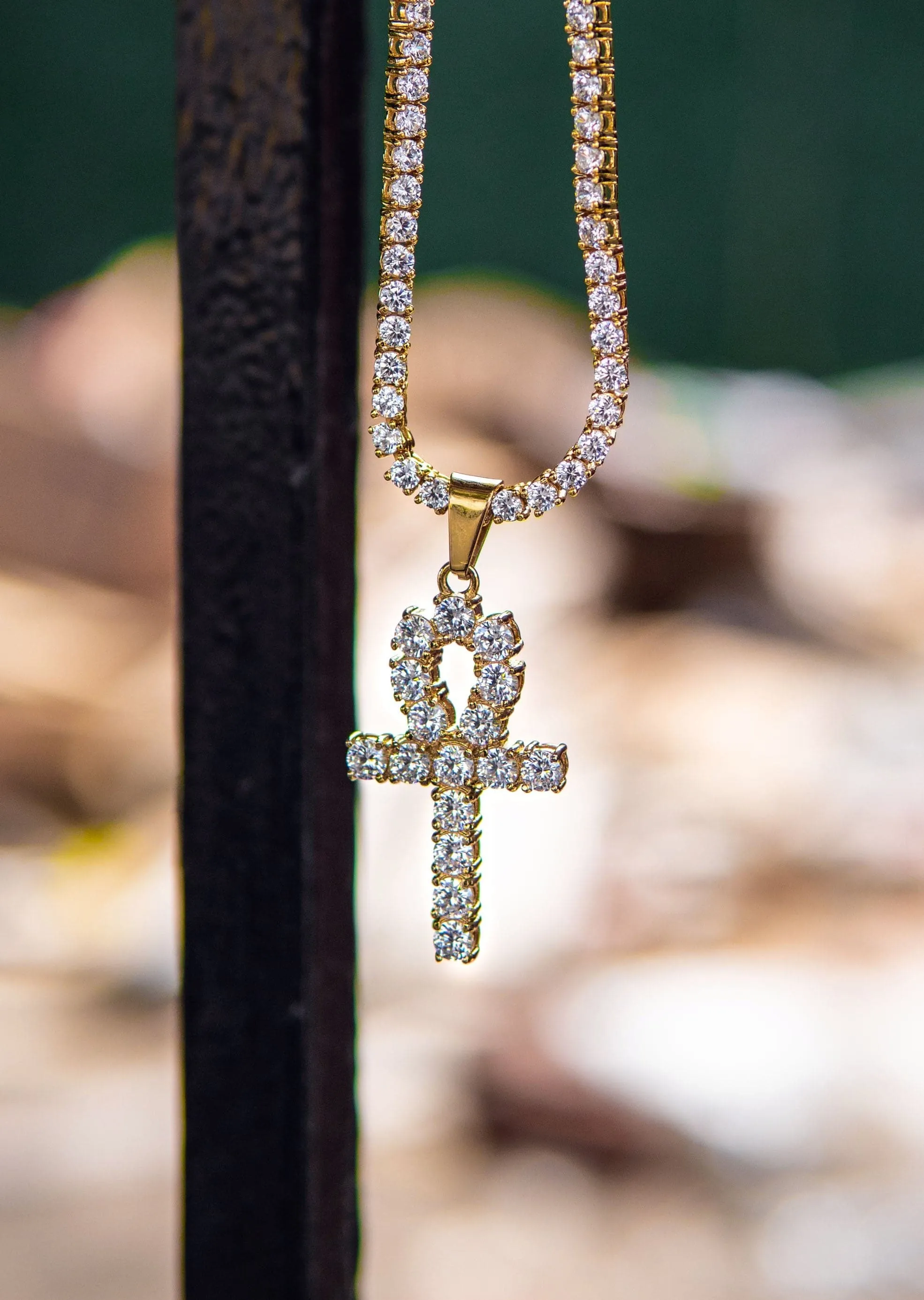 Gold Plated Iced Out Ankh & Tennis Chain ( 3 MM )