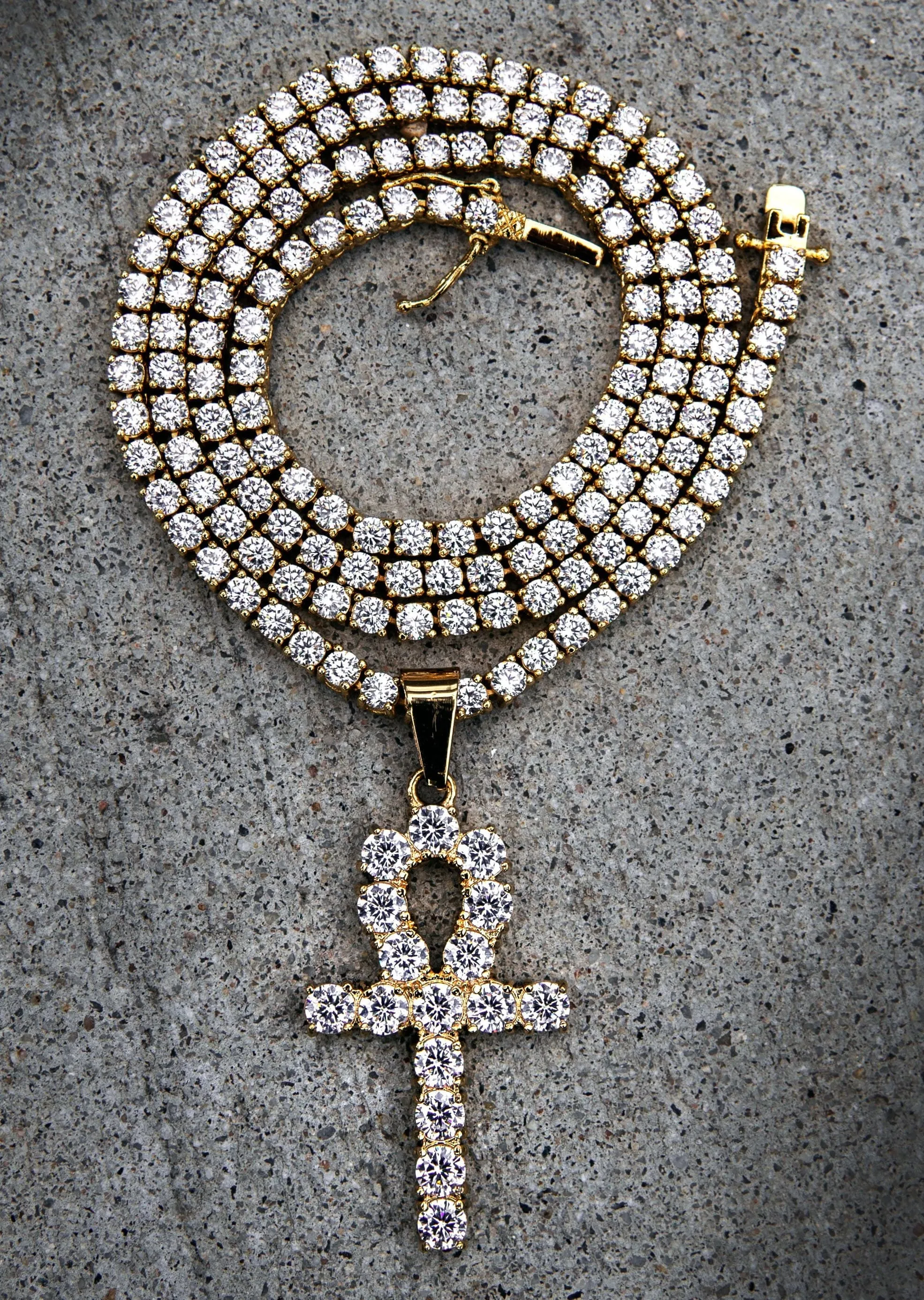 Gold Plated Iced Out Ankh & Tennis Chain ( 3 MM )