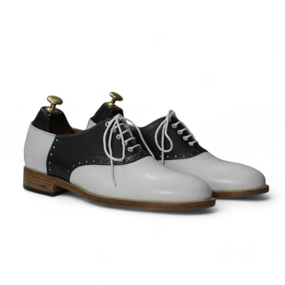 Handmade Black & White Lace Up Leather Dress Shoes For Men's