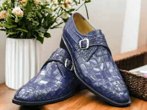 Handmade Blue Alligator Print Shoes, Men's Formal Buckle Shoes