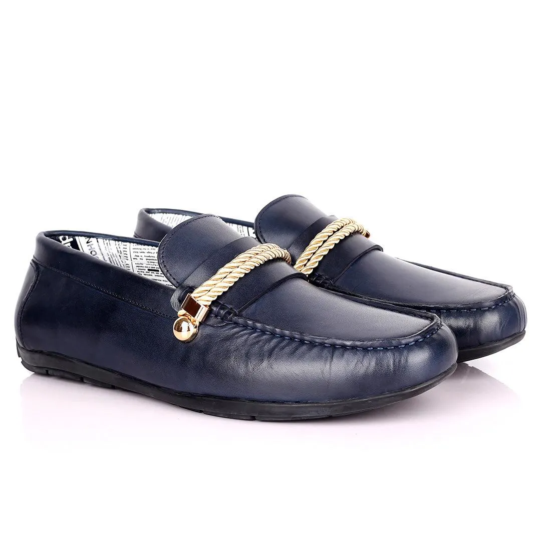 John Galliano Exquisite Gold Double Roped Designed Leather Shoe - Blue