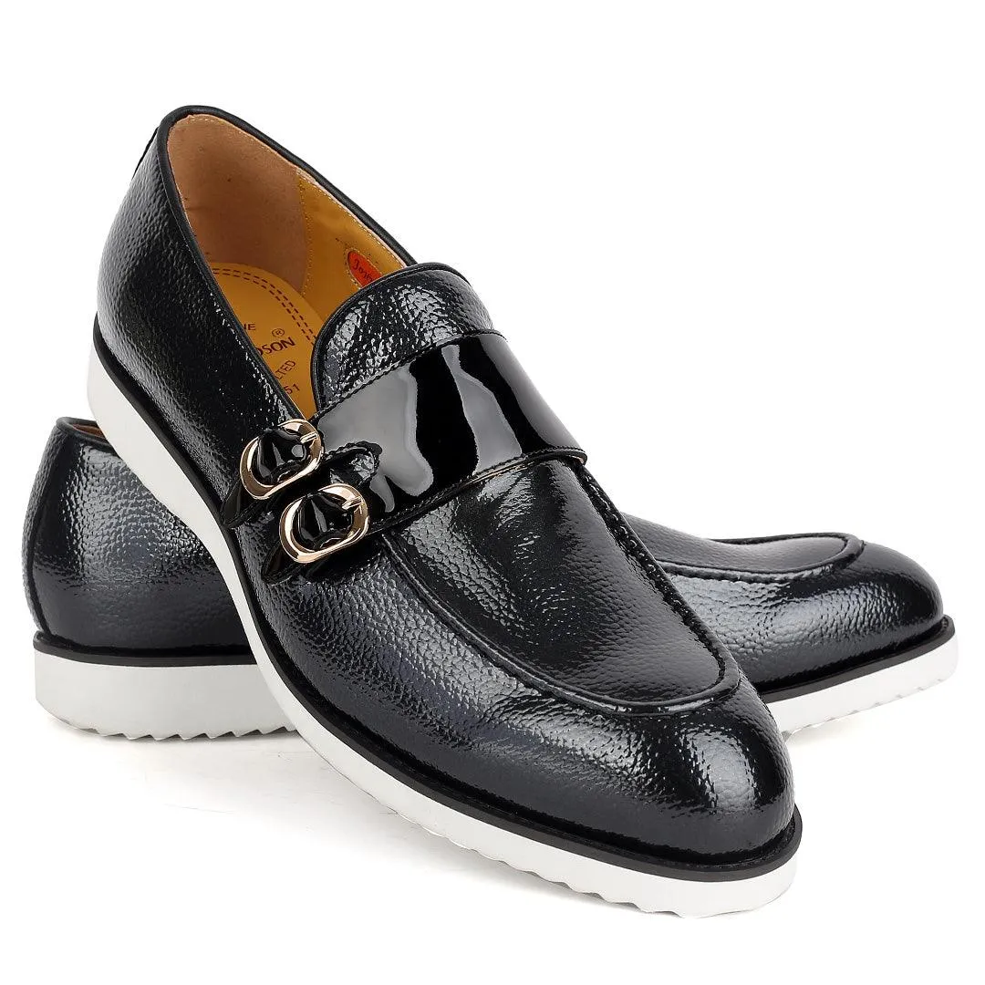 John Mendson Black Leather Monk Shoe With Black Glossy Strap And White Designed  Sole