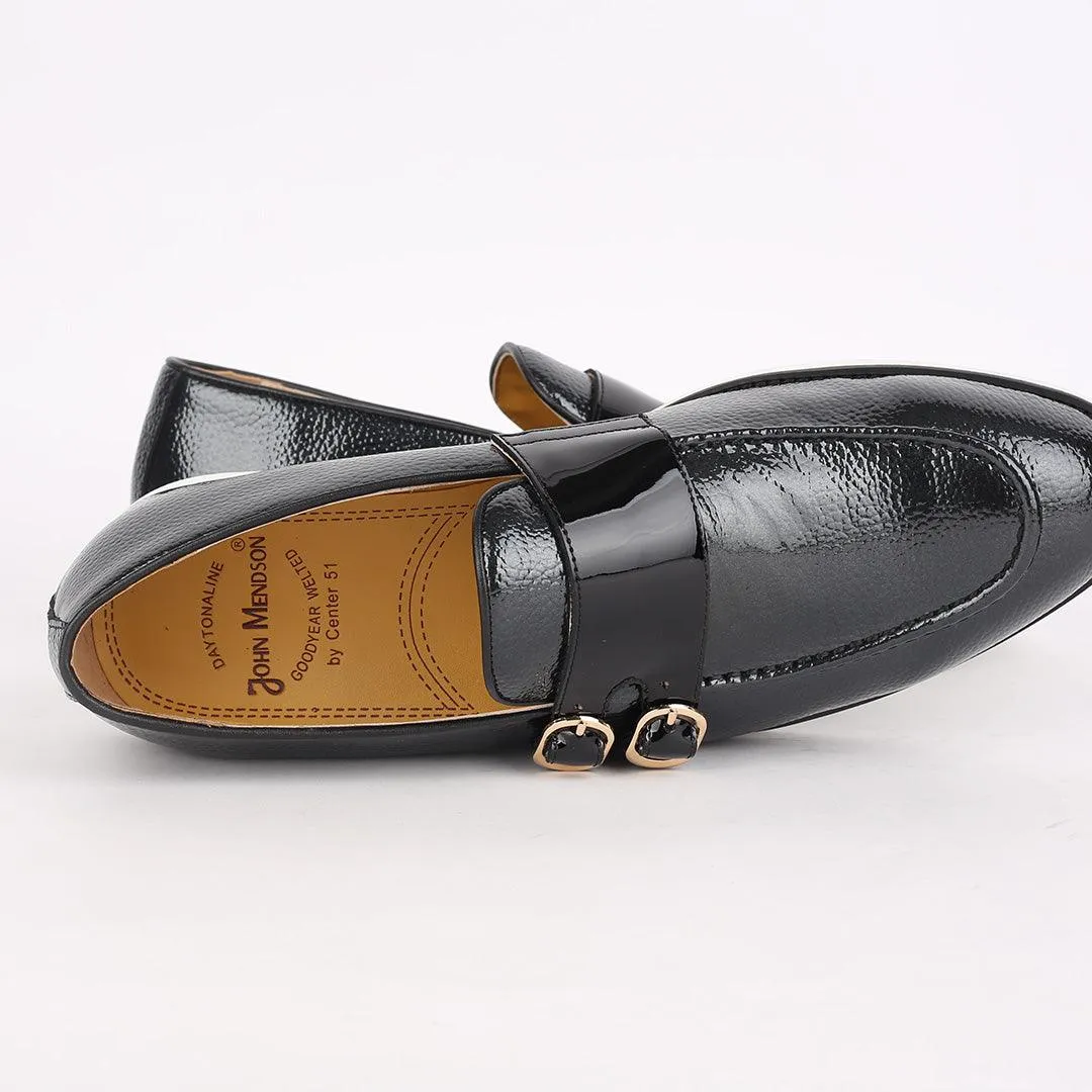 John Mendson Black Leather Monk Shoe With Black Glossy Strap And White Designed  Sole