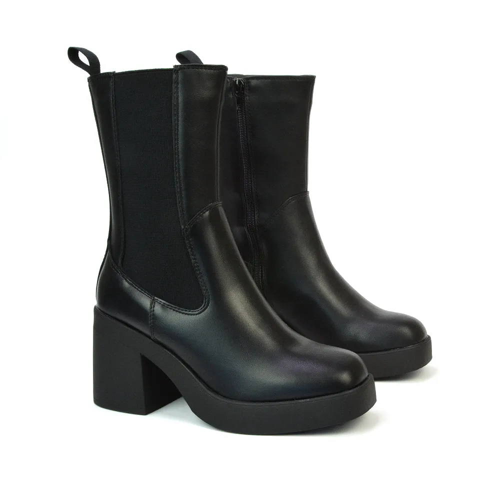 Karina Chunky Mid Block Heel Elasticated Platform Chelsea Ankle Boots in Black Synthetic Leather