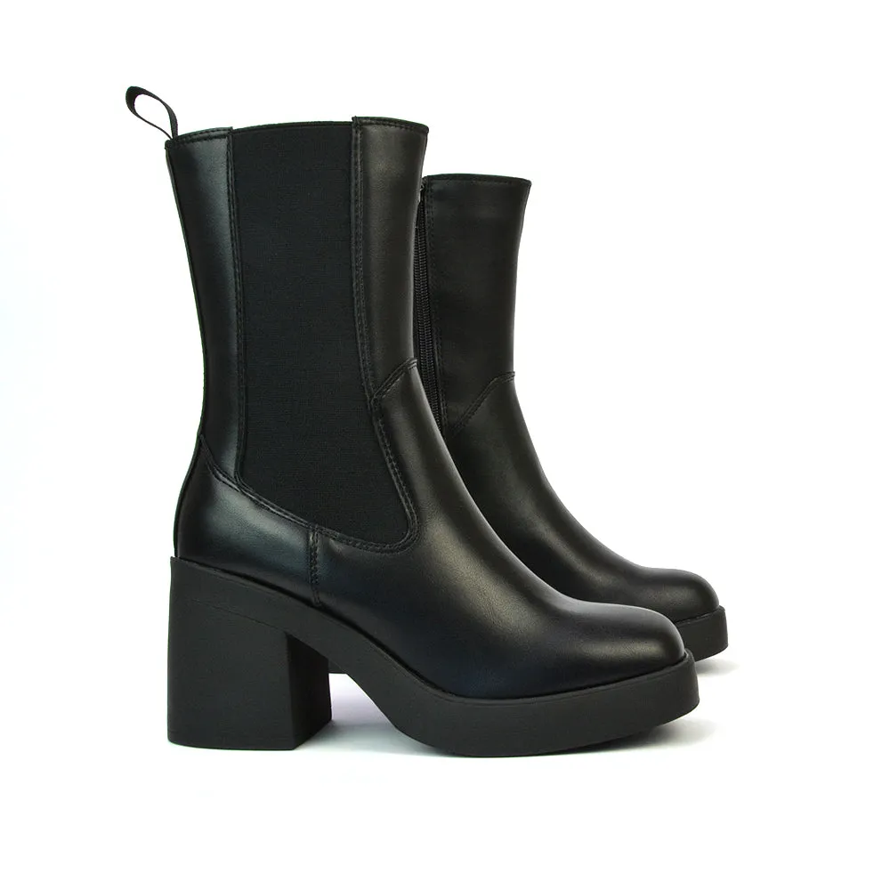 Karina Chunky Mid Block Heel Elasticated Platform Chelsea Ankle Boots in Black Synthetic Leather