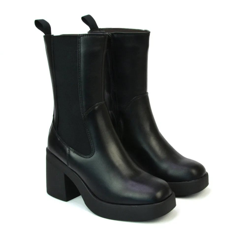 Karina Chunky Mid Block Heel Elasticated Platform Chelsea Ankle Boots in Black Synthetic Leather