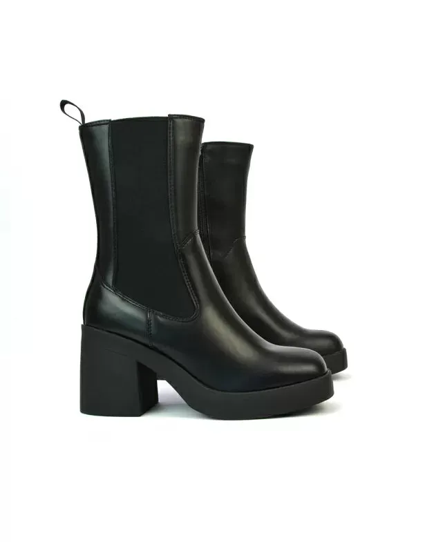 Karina Chunky Mid Block Heel Elasticated Platform Chelsea Ankle Boots in Black Synthetic Leather