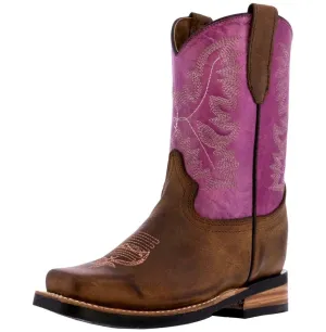 Kids Purple Western Cowboy Boots Classic Leather Square Toe