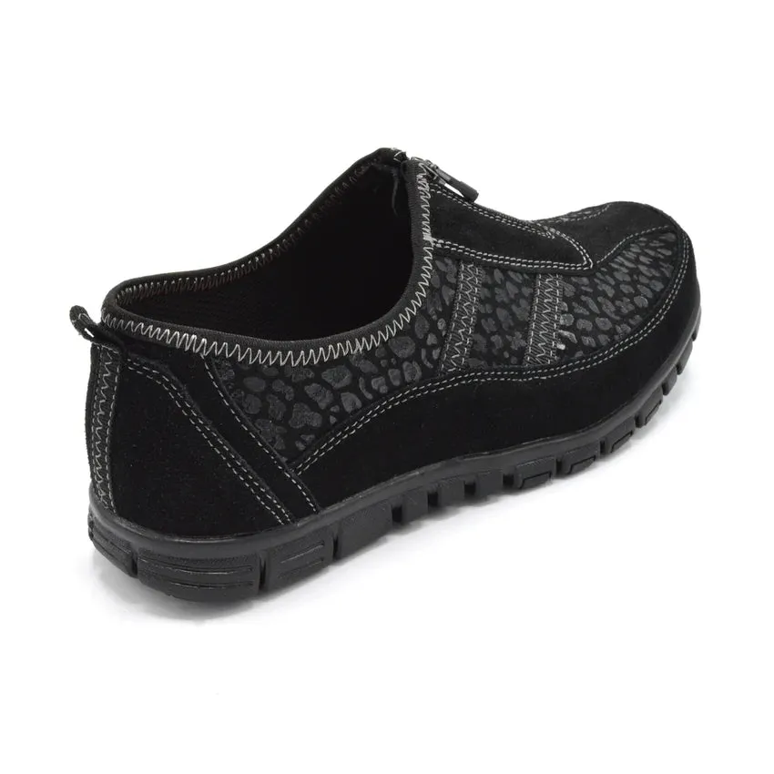 Ladies Sneakers Shoes BLACK Trainers with Zip EEE Wide Fit L376AS