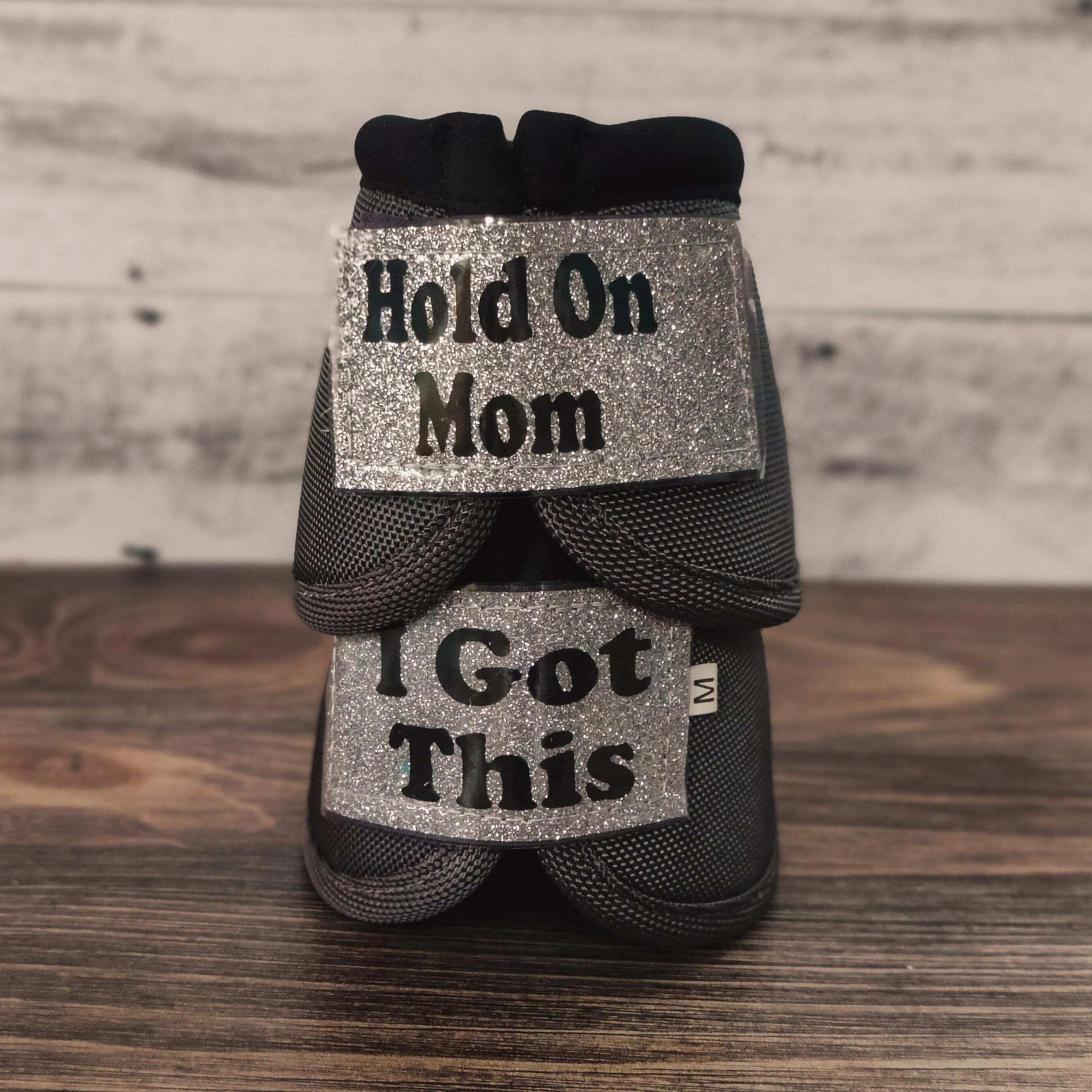 Medium "Hold On Mom" Gray Weaver Bells w/ Silver Glitter Straps